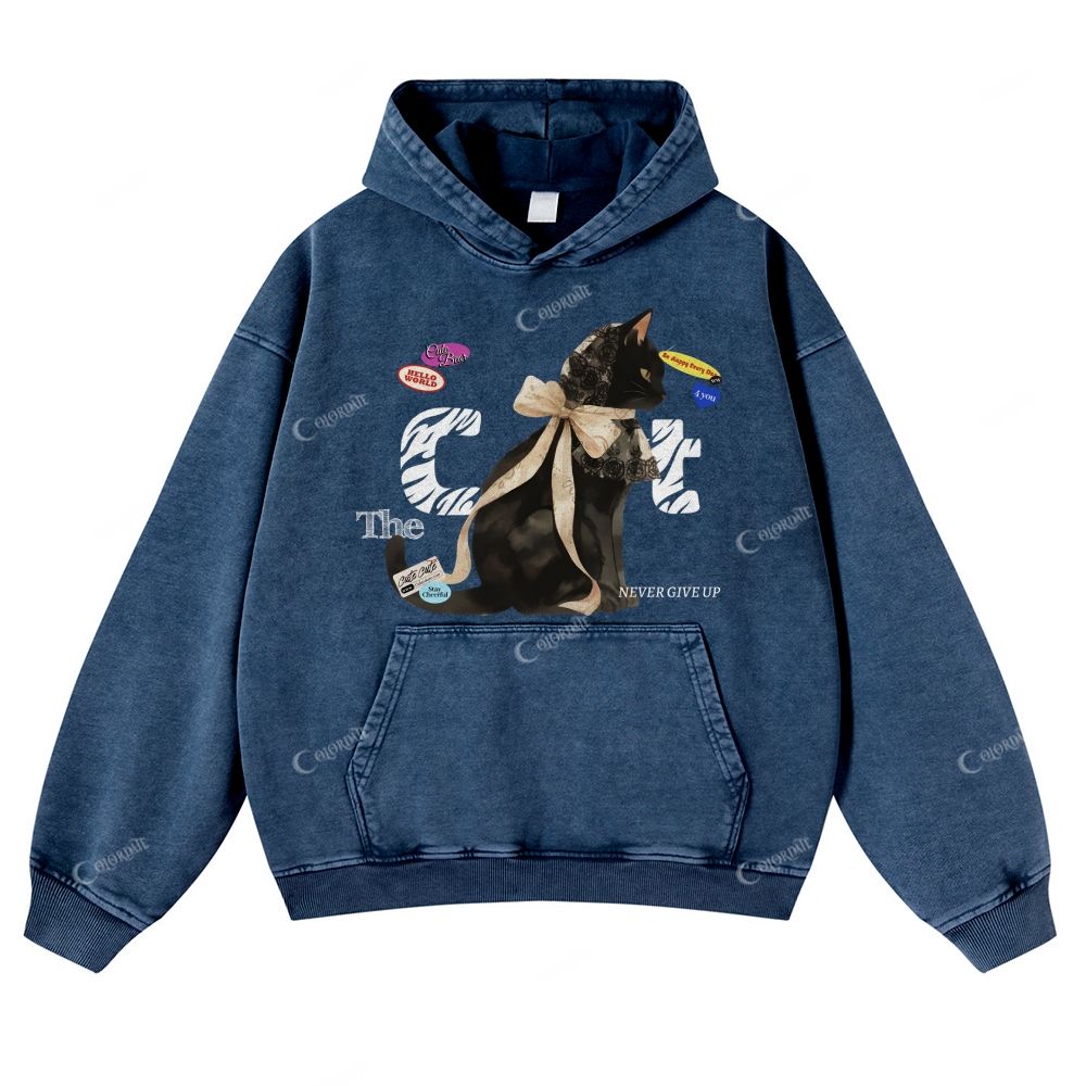 Colordate Black Cat Print Casual Washed Hoodie