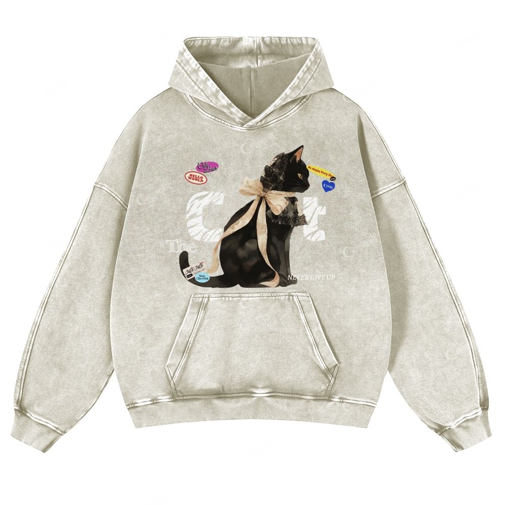 Colordate Black Cat Print Casual Washed Hoodie
