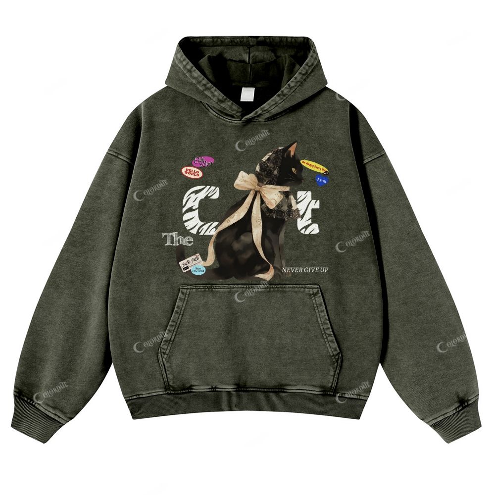 Colordate Black Cat Print Casual Washed Hoodie