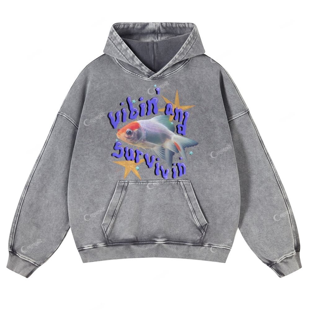 Colordate Fish Print Casual Washed Hoodie