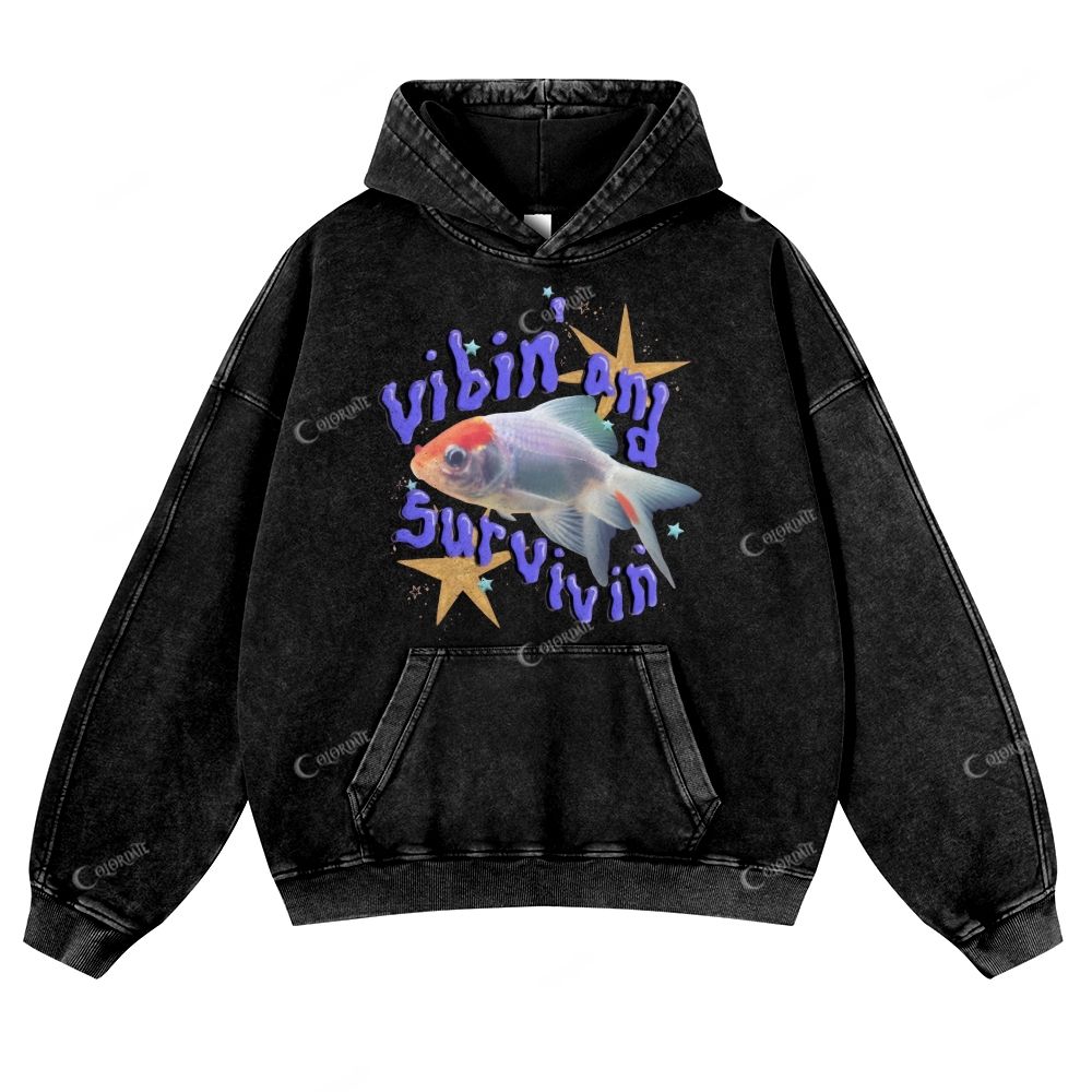 Colordate Fish Print Casual Washed Hoodie