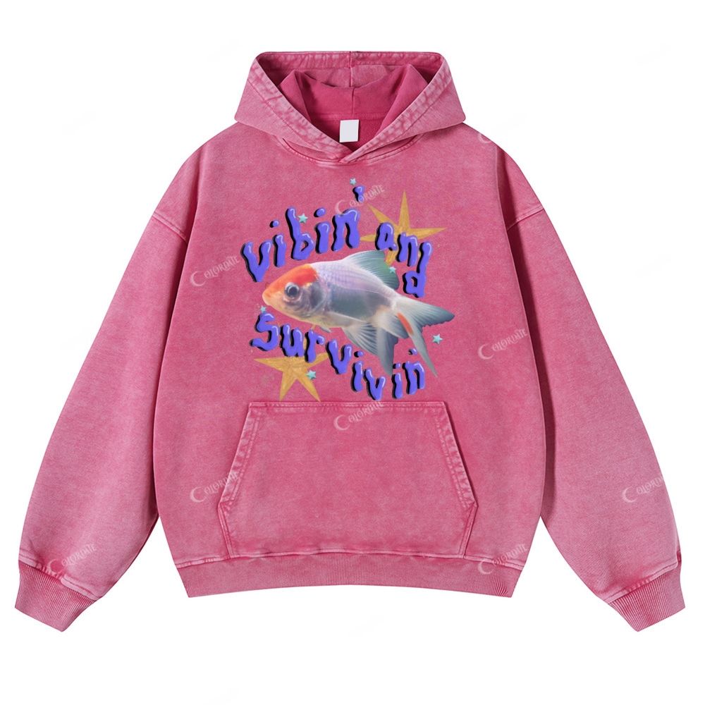 Colordate Fish Print Casual Washed Hoodie
