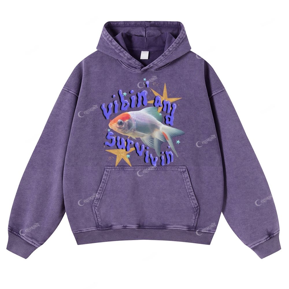 Colordate Fish Print Casual Washed Hoodie
