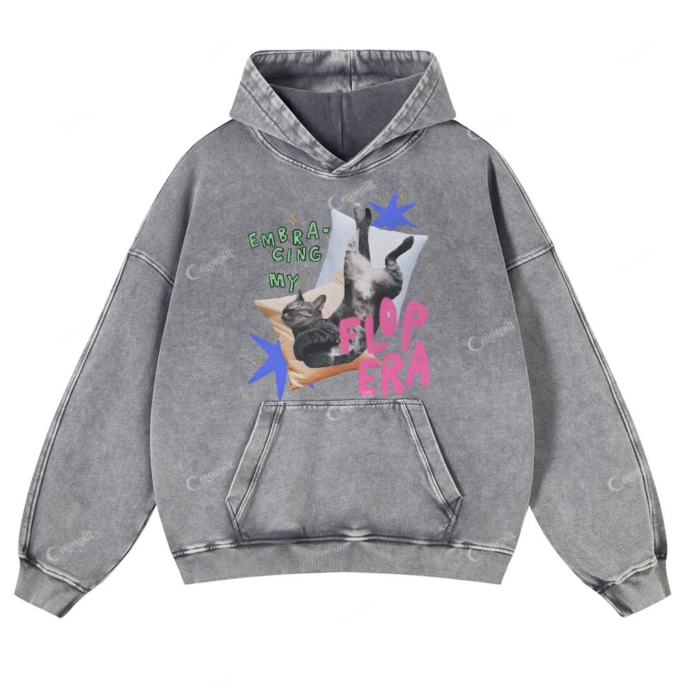 Colordate Cat Print Casual Washed Hoodie