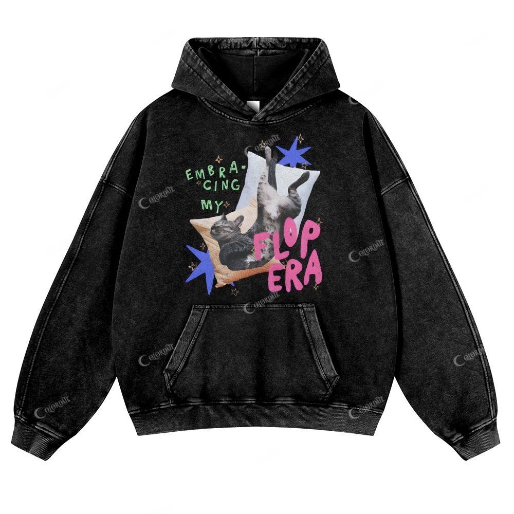 Colordate Cat Print Casual Washed Hoodie
