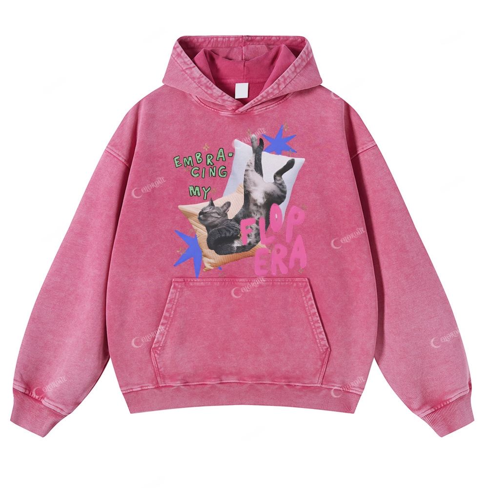 Colordate Cat Print Casual Washed Hoodie