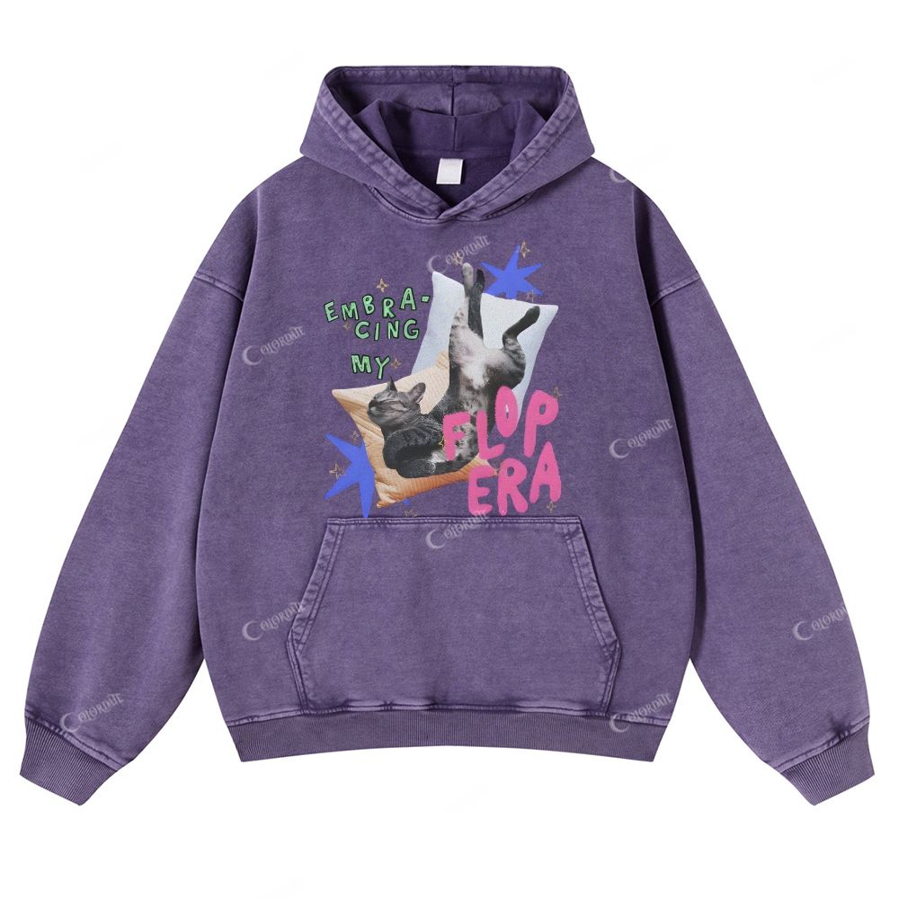 Colordate Cat Print Casual Washed Hoodie