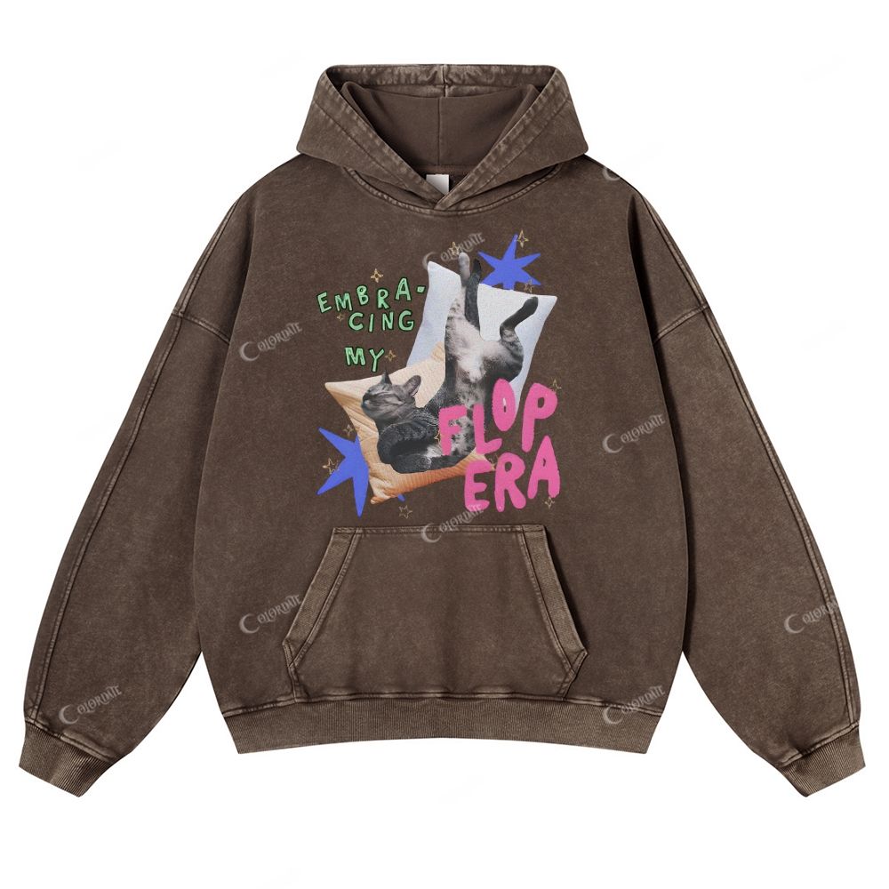 Colordate Cat Print Casual Washed Hoodie