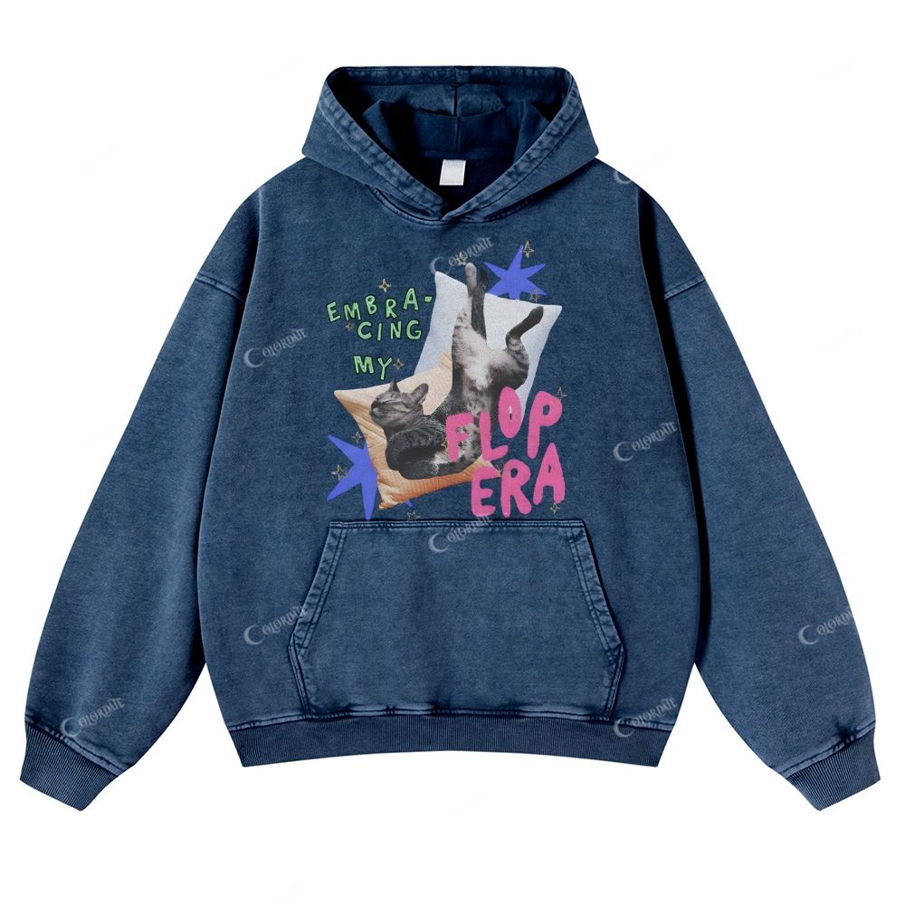Colordate Cat Print Casual Washed Hoodie