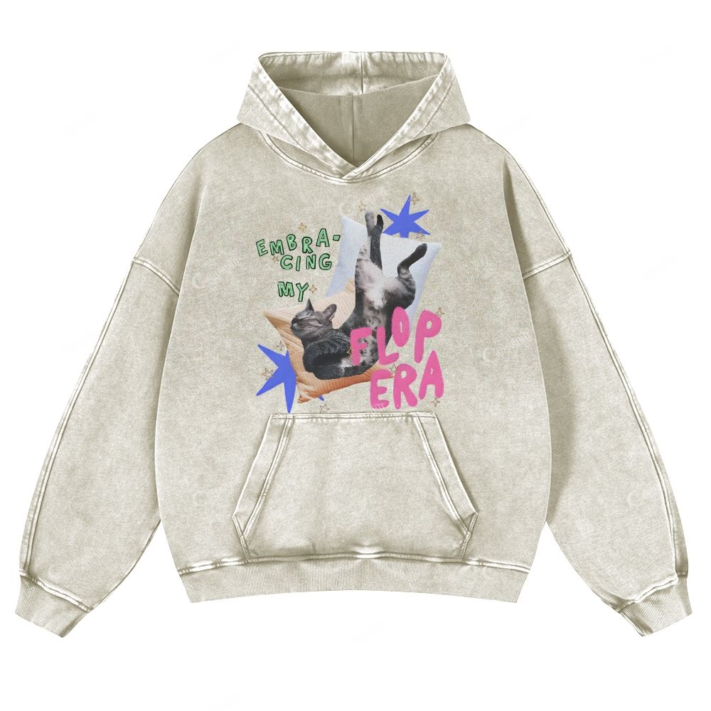 Colordate Cat Print Casual Washed Hoodie
