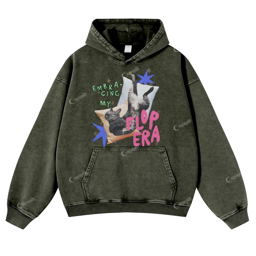 Colordate Cat Print Casual Washed Hoodie