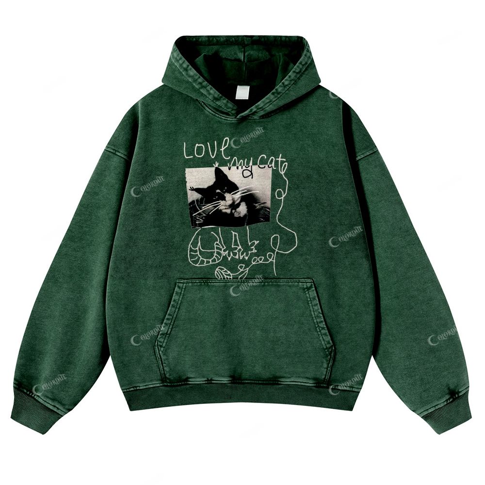 Colordate Cat Print Casual Washed Hoodie
