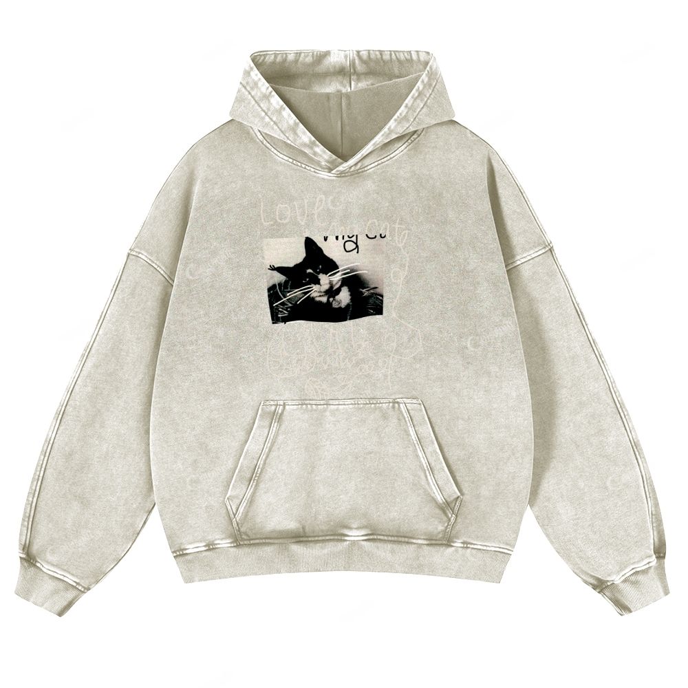 Colordate Cat Print Casual Washed Hoodie