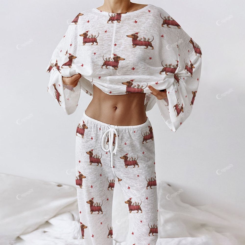 Colordate Women's Cute Dog Print Long Sleeve Cotton Homewear Set