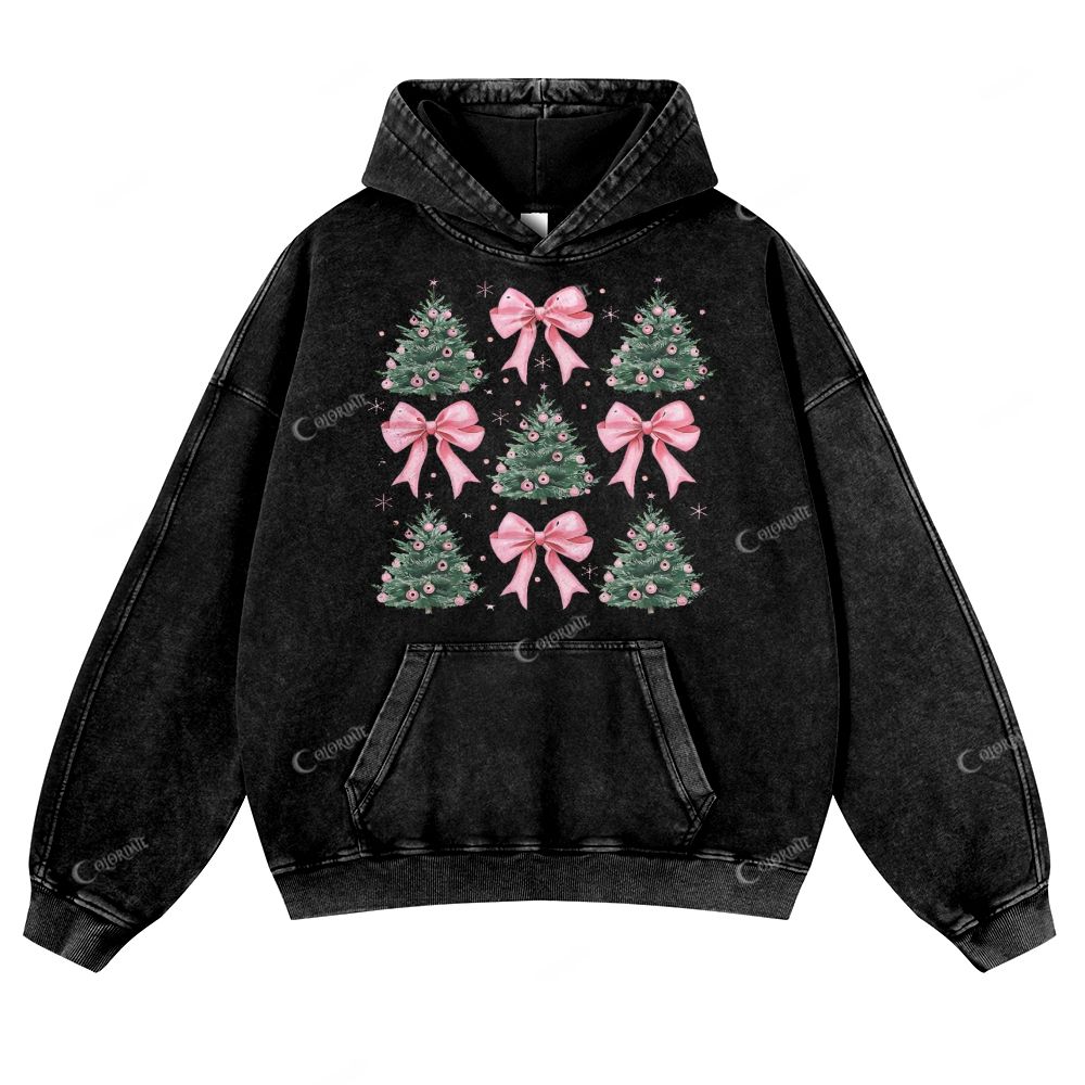 Casual Sexy Christmas Tree Bow Washed Hoodie