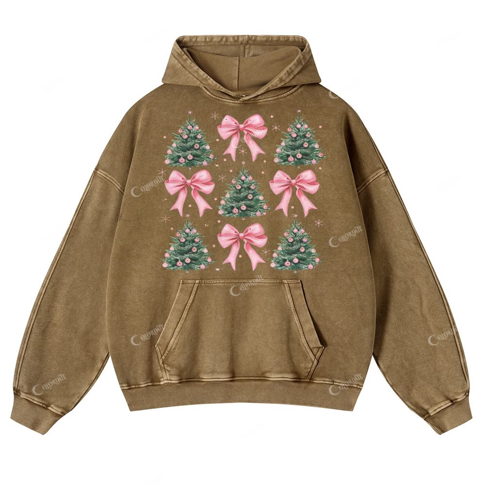 Casual Sexy Christmas Tree Bow Washed Hoodie