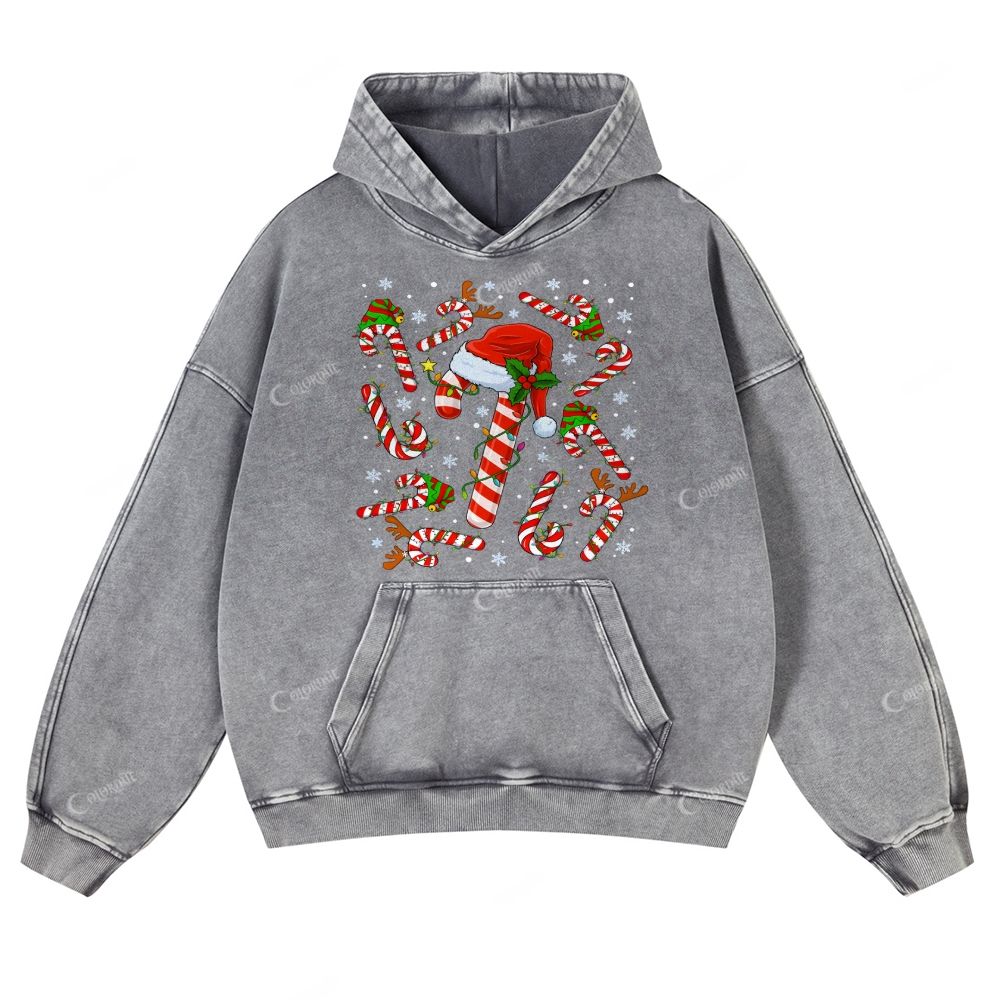 Casual Christmas Candy Canes Washed Hoodie