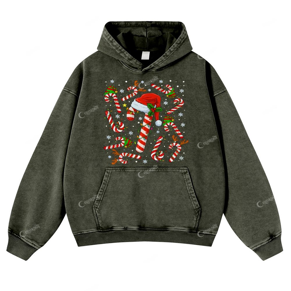 Casual Christmas Candy Canes Washed Hoodie