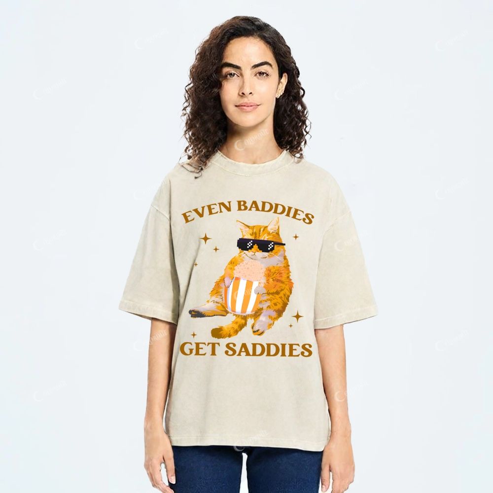 Colordate Unisex Cute Cat Printed Washed Tee