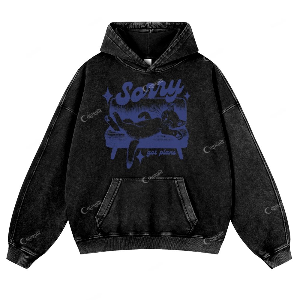 Colordate Cat Print Casual Washed Hoodie
