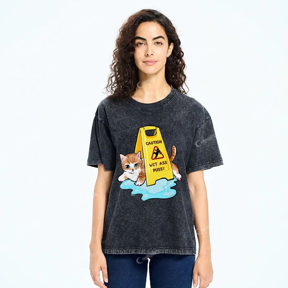 Colordate Unisex Cute Cat Printed Washed Tee