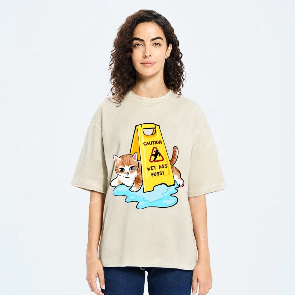 Colordate Unisex Cute Cat Printed Washed Tee