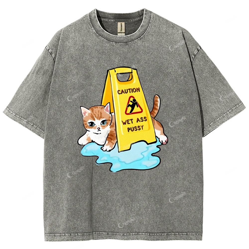 Colordate Unisex Cute Cat Printed Washed Tee