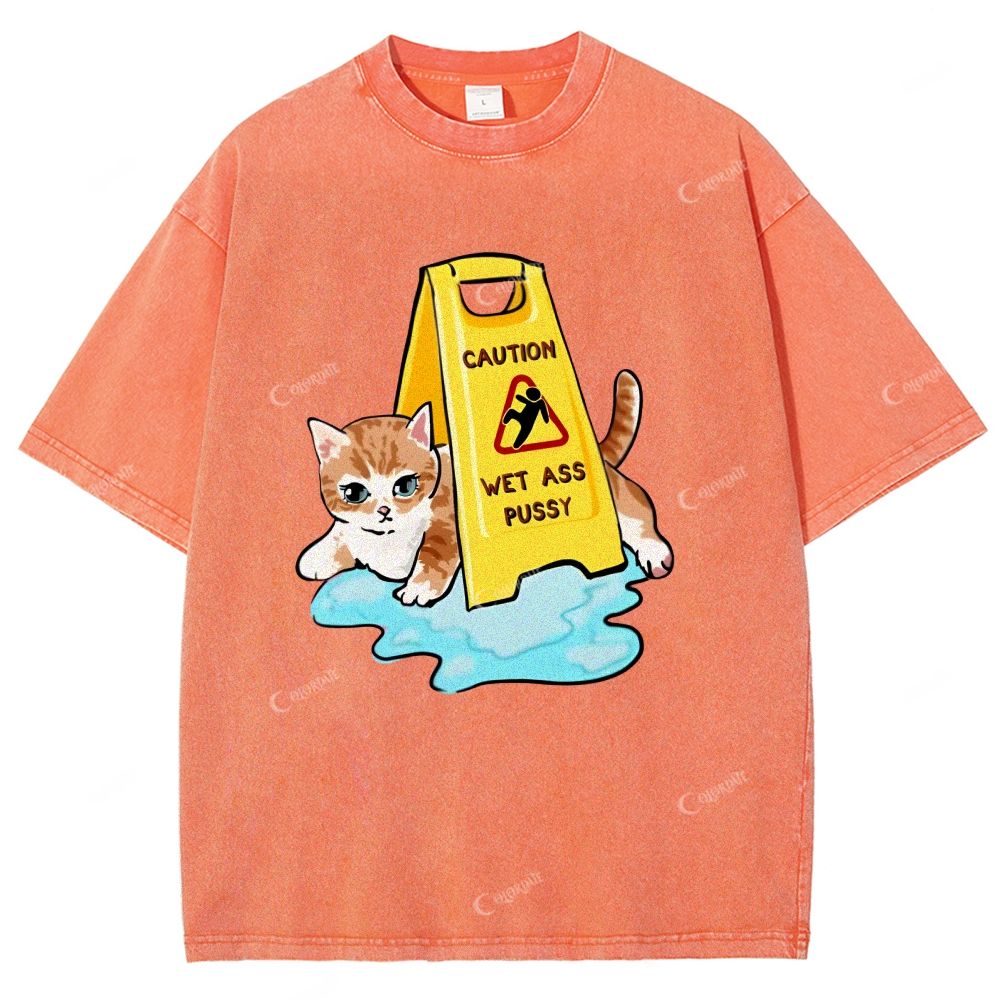 Colordate Unisex Cute Cat Printed Washed Tee
