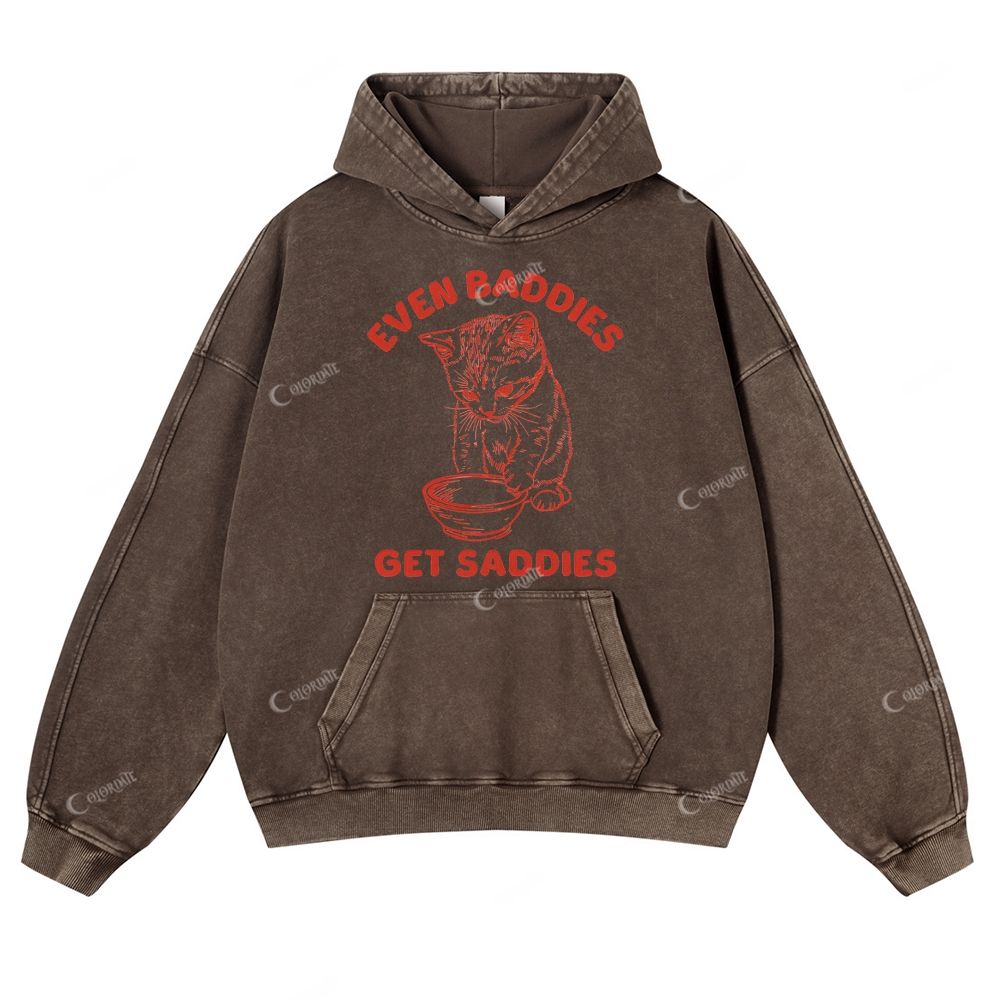 Colordate Cat Print Casual Washed Hoodie