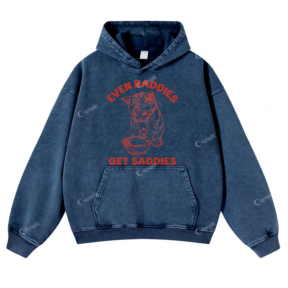 Colordate Cat Print Casual Washed Hoodie