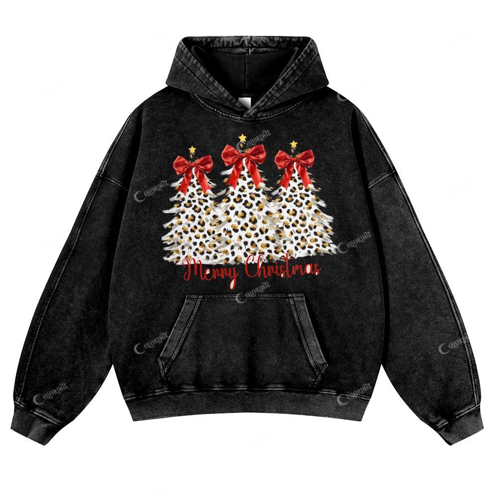 Casual Leopard Print Christmas Washed Hoodie