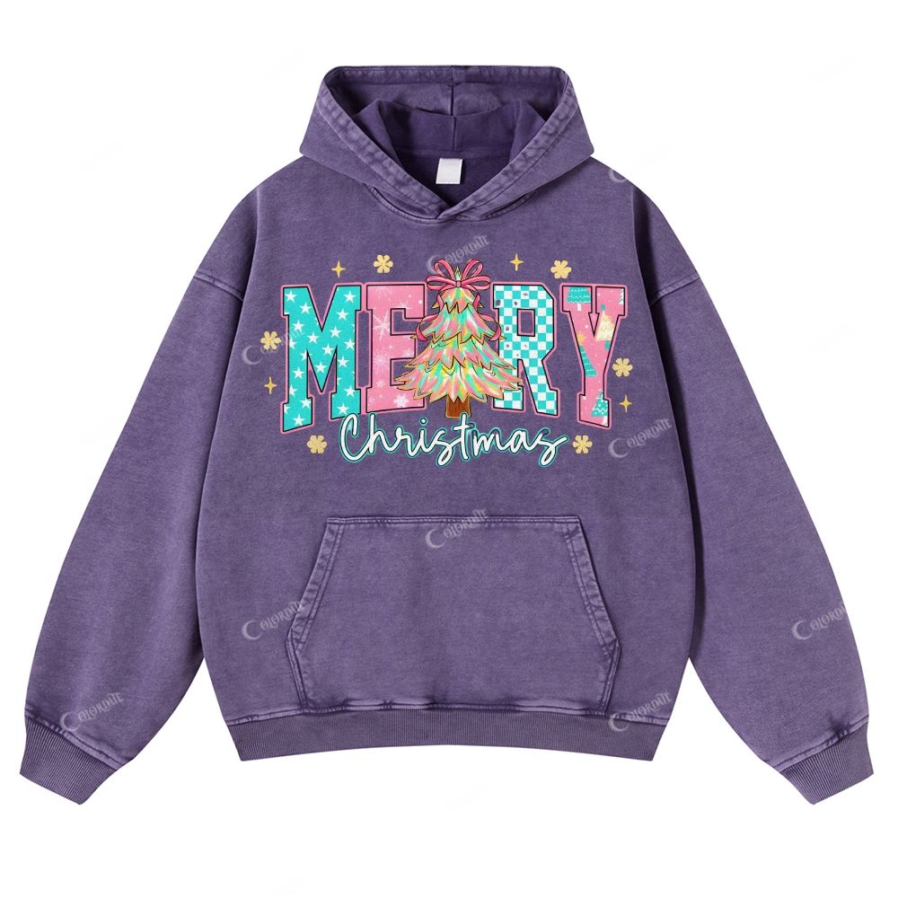 Casual  Christmas Ornate Text Washed Hoodie