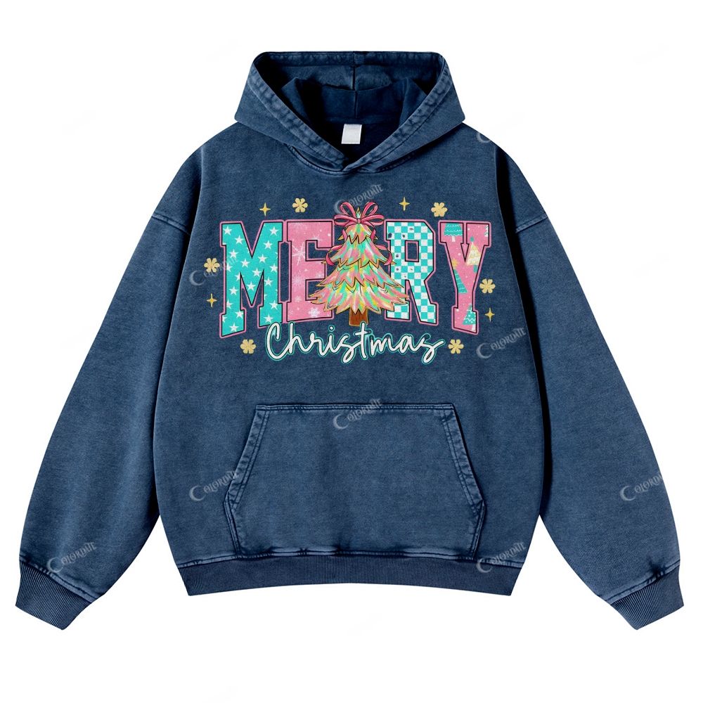 Casual  Christmas Ornate Text Washed Hoodie
