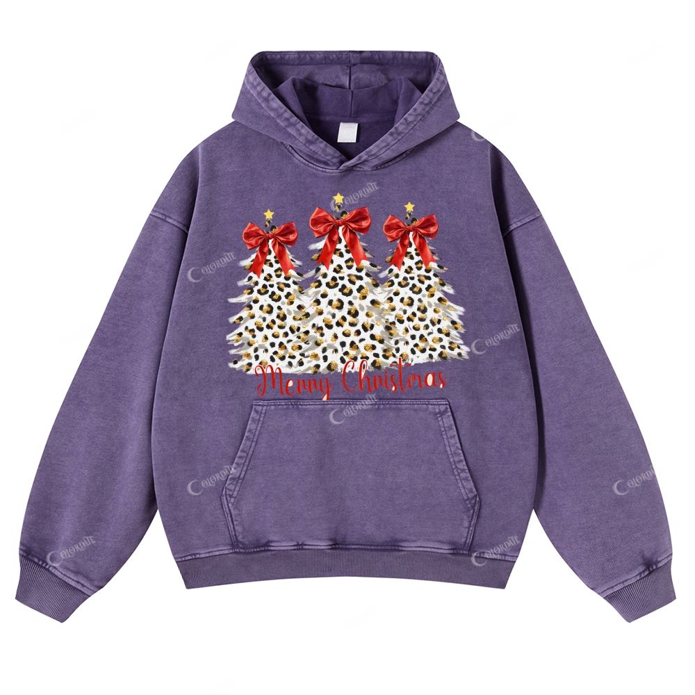 Casual Leopard Print Christmas Washed Hoodie