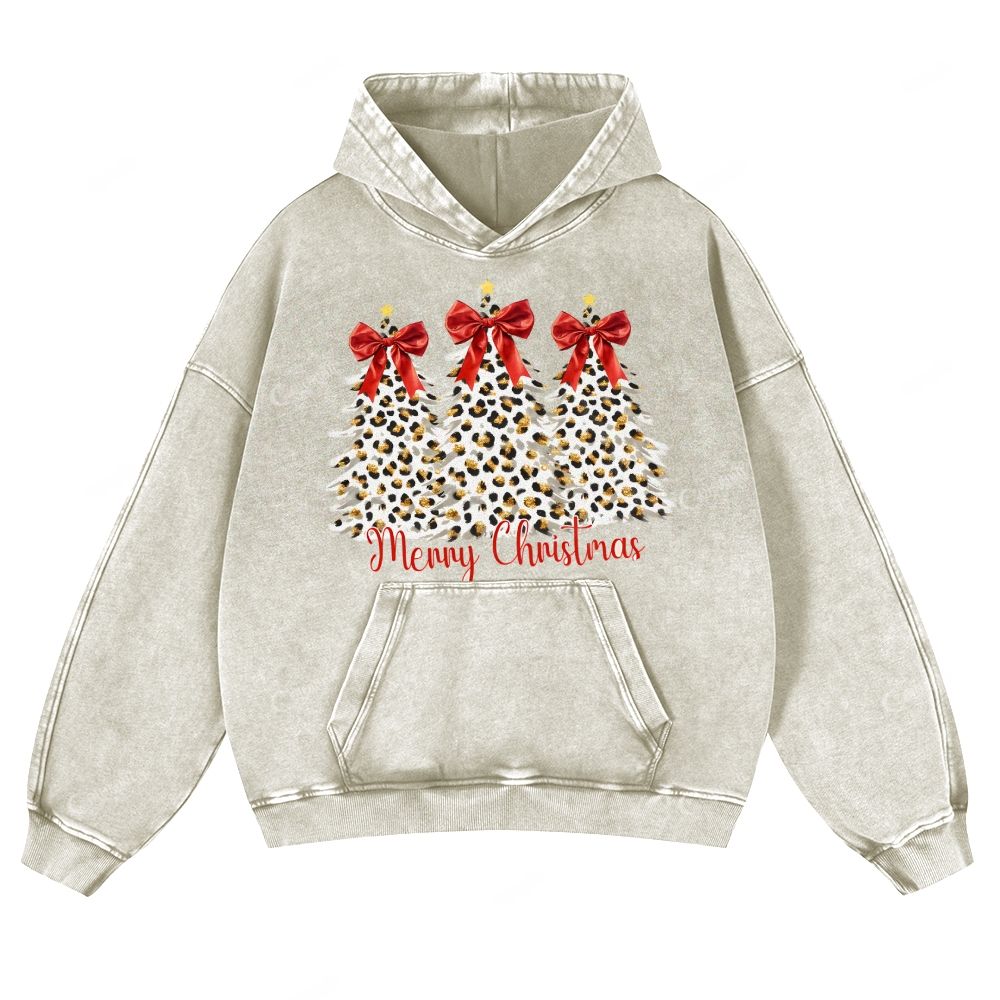 Casual Leopard Print Christmas Washed Hoodie