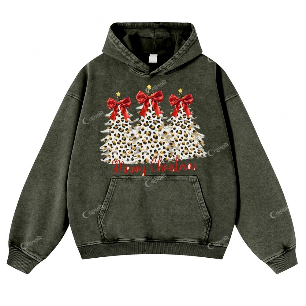 Casual Leopard Print Christmas Washed Hoodie