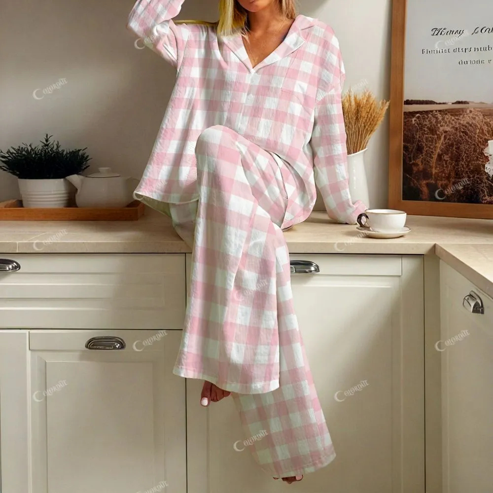 Custom Baby Pink Plaid  Women's Cotton Cardigan Homewear Set