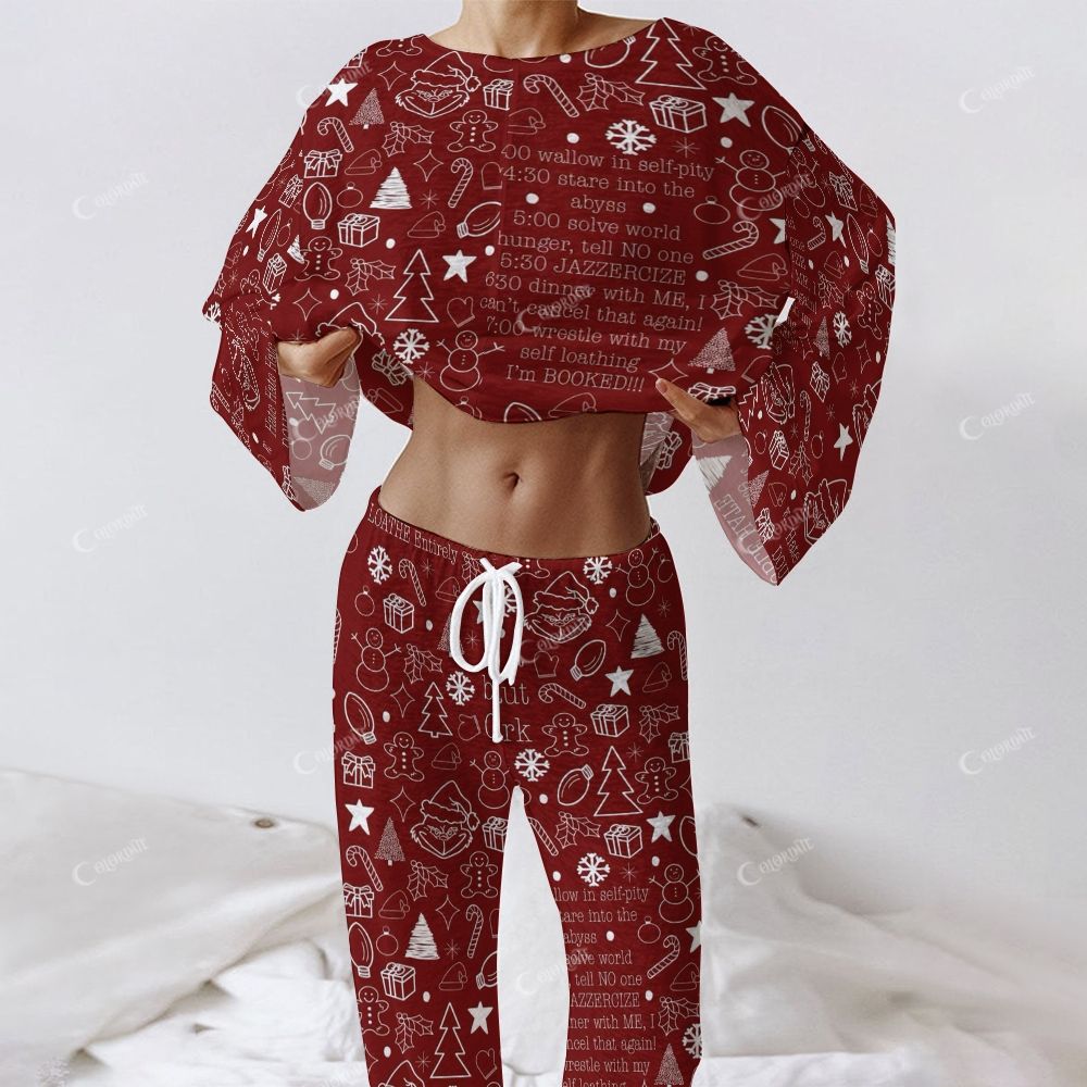 Colordate Women's Christmas Pattern Print Long Sleeve Cotton Homewear Set