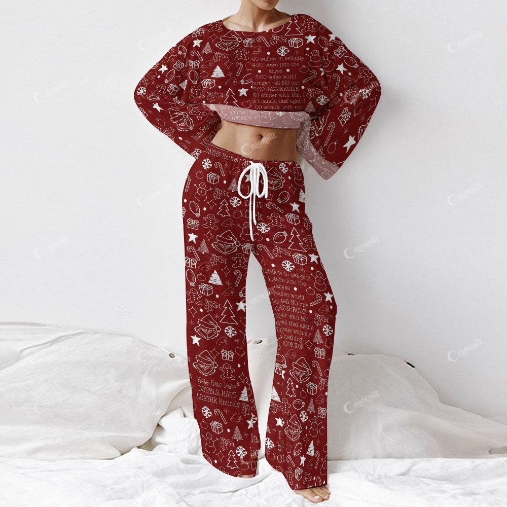 Colordate Women's Christmas Pattern Print Long Sleeve Cotton Homewear Set
