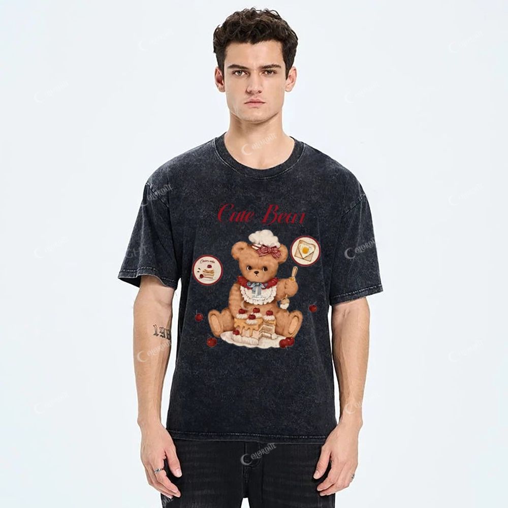 Colordate Unisex Cute Bear Printed Washed Tee
