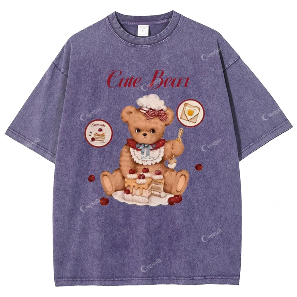 Colordate Unisex Cute Bear Printed Washed Tee