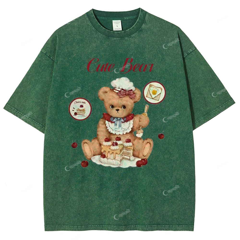 Colordate Unisex Cute Bear Printed Washed Tee