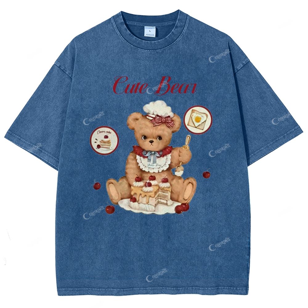 Colordate Unisex Cute Bear Printed Washed Tee