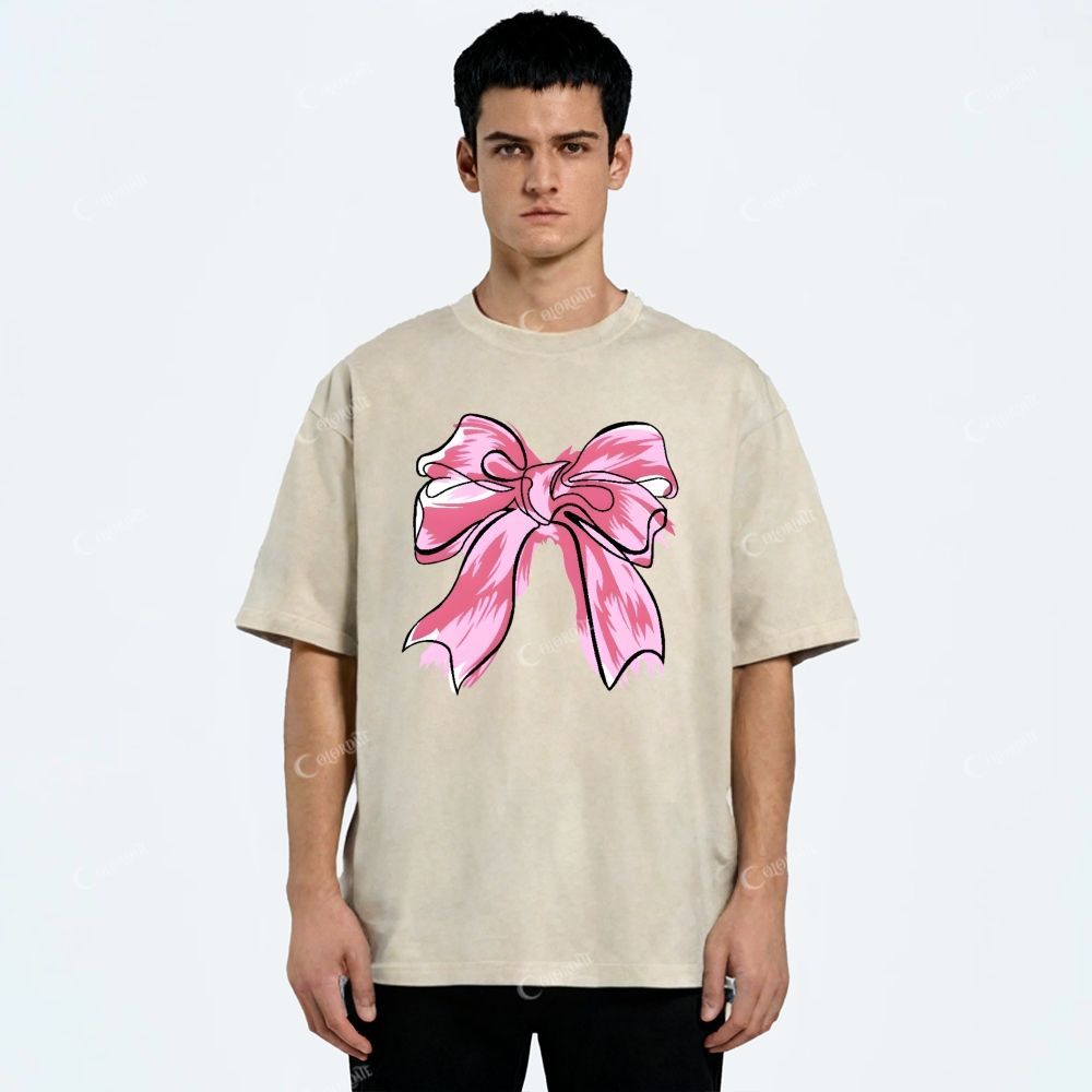 Colordate Unisex Pink Bow Printed Washed Tee