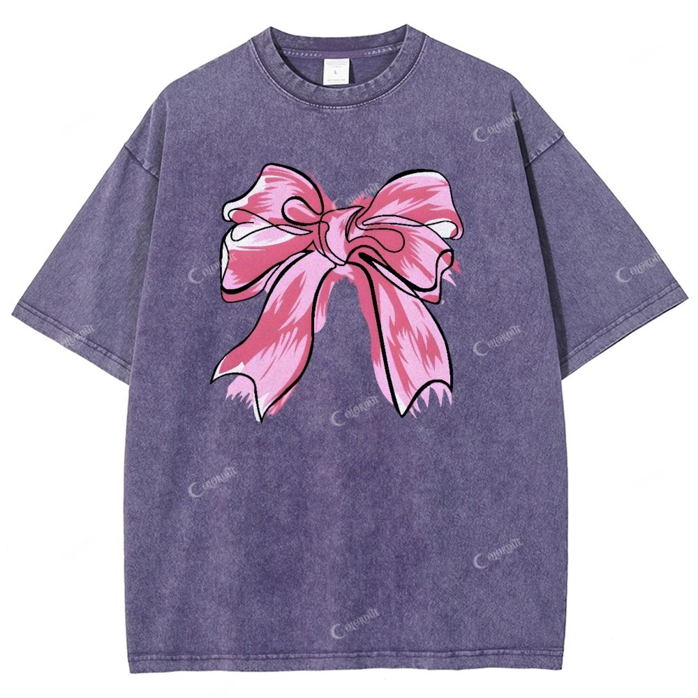Colordate Unisex Pink Bow Printed Washed Tee