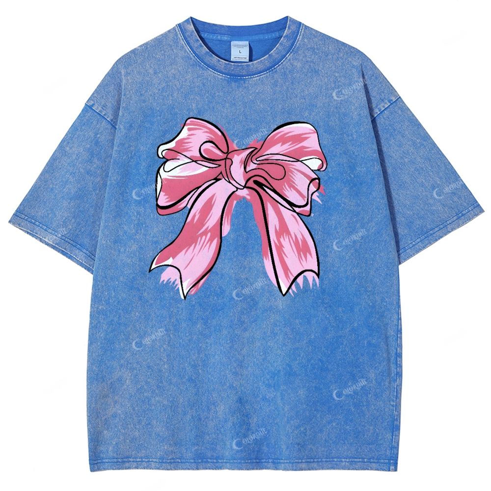 Colordate Unisex Pink Bow Printed Washed Tee