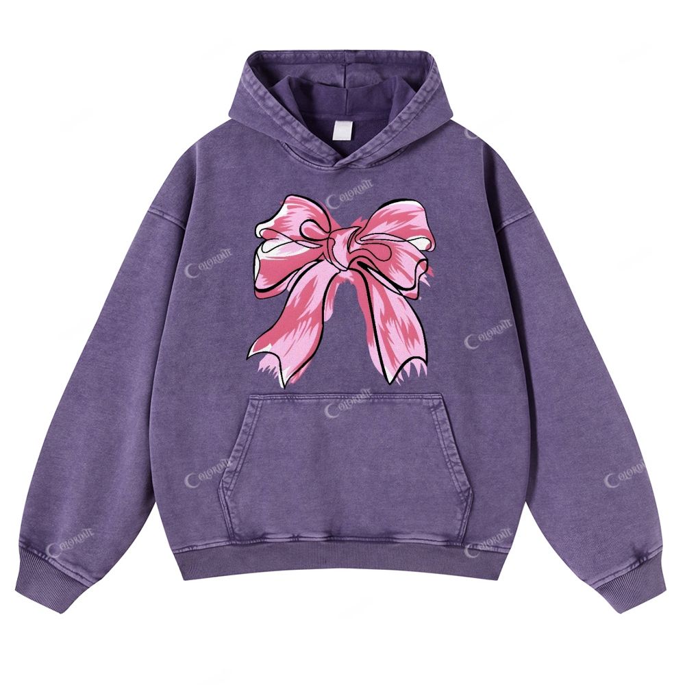 Colordate Pink Bow Print Casual Washed Hoodie