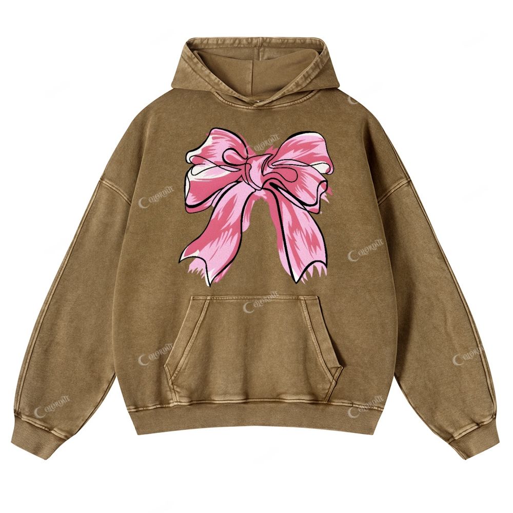 Colordate Pink Bow Print Casual Washed Hoodie