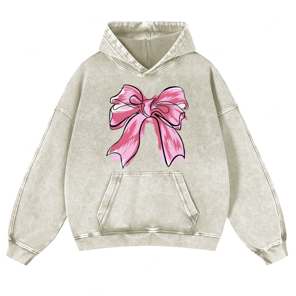 Colordate Pink Bow Print Casual Washed Hoodie