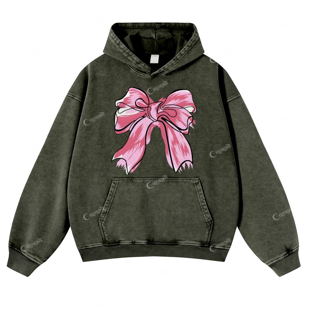 Colordate Pink Bow Print Casual Washed Hoodie